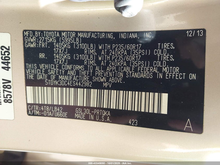 2014 TOYOTA SIENNA XLE V6 8 PASSENGER - 5TDYK3DC4ES442982