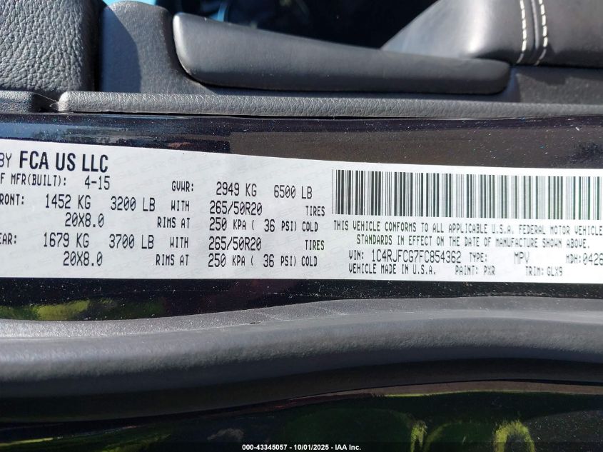 2015 Jeep Grand Cherokee Overland VIN: 1C4RJFCG7FC854362 Lot: 43345057