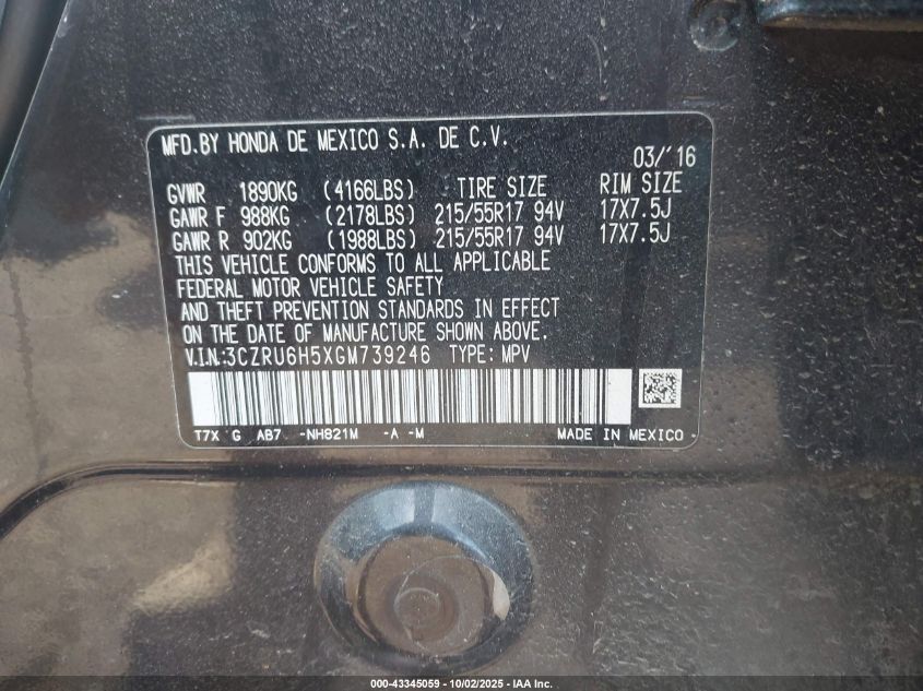2016 Honda Hr-V Ex VIN: 3CZRU6H5XGM739246 Lot: 43345059