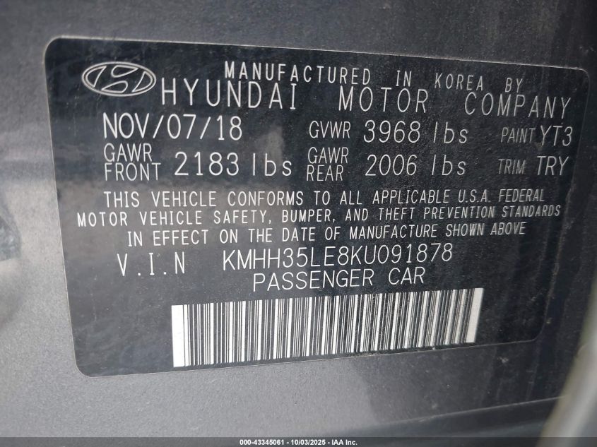 2019 Hyundai Elantra Gt VIN: KMHH35LE8KU091878 Lot: 43345061