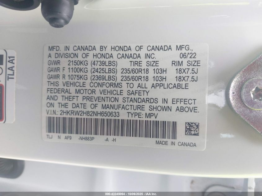 2022 Honda Cr-V Awd Ex-L VIN: 2HKRW2H82NH650633 Lot: 43345064