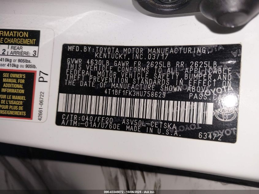 2017 Toyota Camry Se VIN: 4T1BF1FK3HU758629 Lot: 43345072