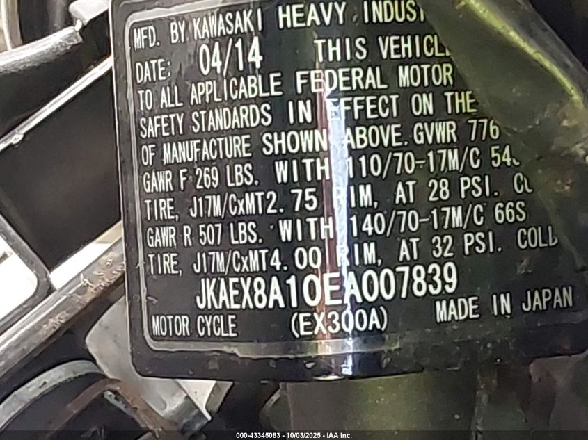 2014 Kawasaki Ex300 A VIN: JKAEX8A10EA007839 Lot: 43345083