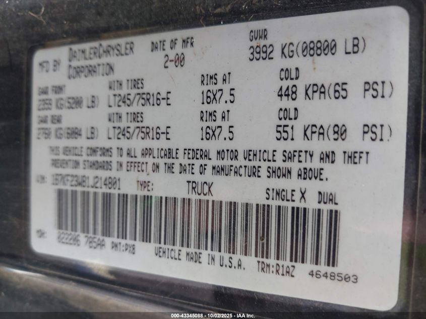 2001 Dodge Ram 2500 St VIN: 1B7KF23W81J214801 Lot: 43345088