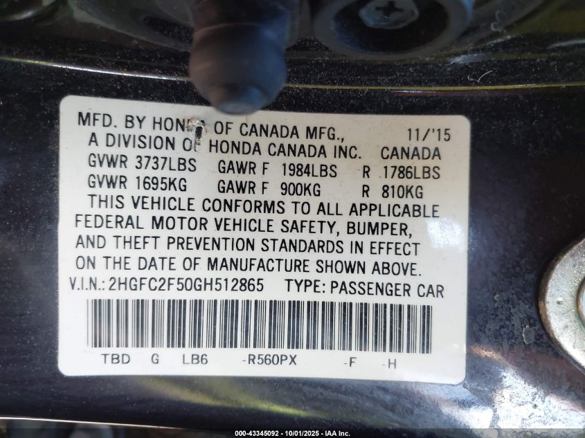 2016 Honda Civic Lx VIN: 2HGFC2F50GH512865 Lot: 43345092