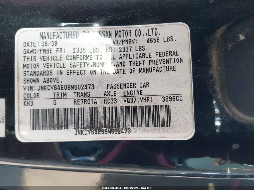 2009 Infiniti G37 Journey VIN: JNKCV64E09M602473 Lot: 43345094