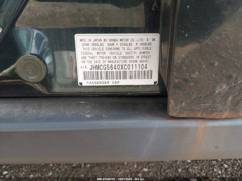 1999 Honda Accord Lx VIN: JHMCG5640XC011104 Lot: 43345101