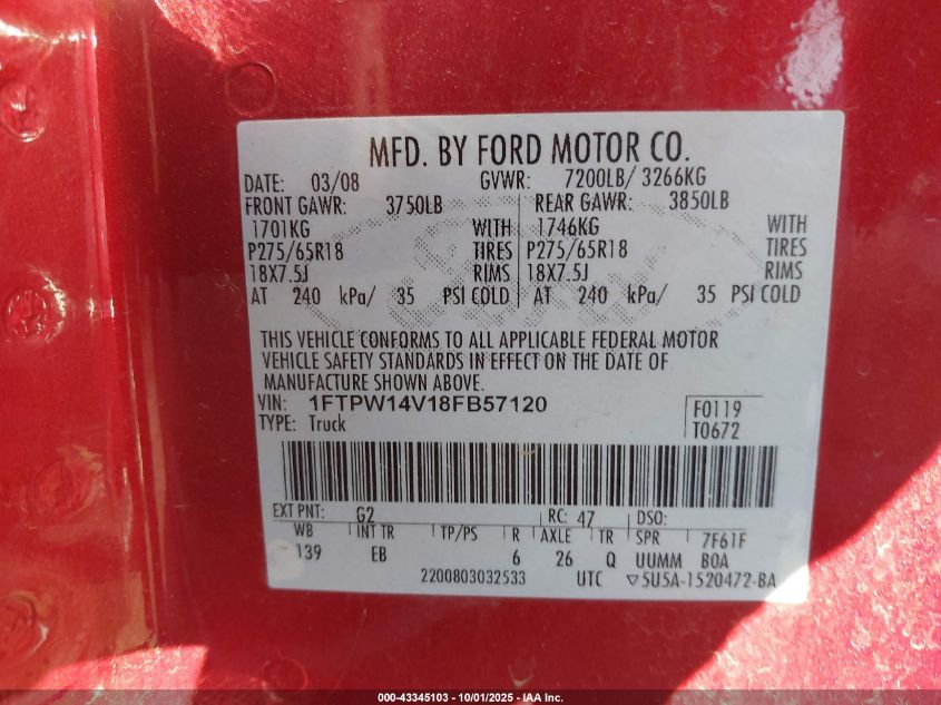 2008 Ford F-150 60Th Anniversary/Fx4/King Ranch/Lariat/Xlt VIN: 1FTPW14V18FB57120 Lot: 43345103