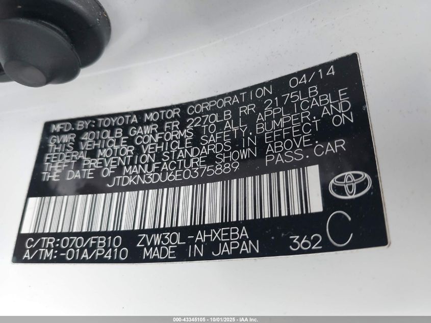 2014 Toyota Prius Three VIN: JTDKN3DU6E0375889 Lot: 43345105