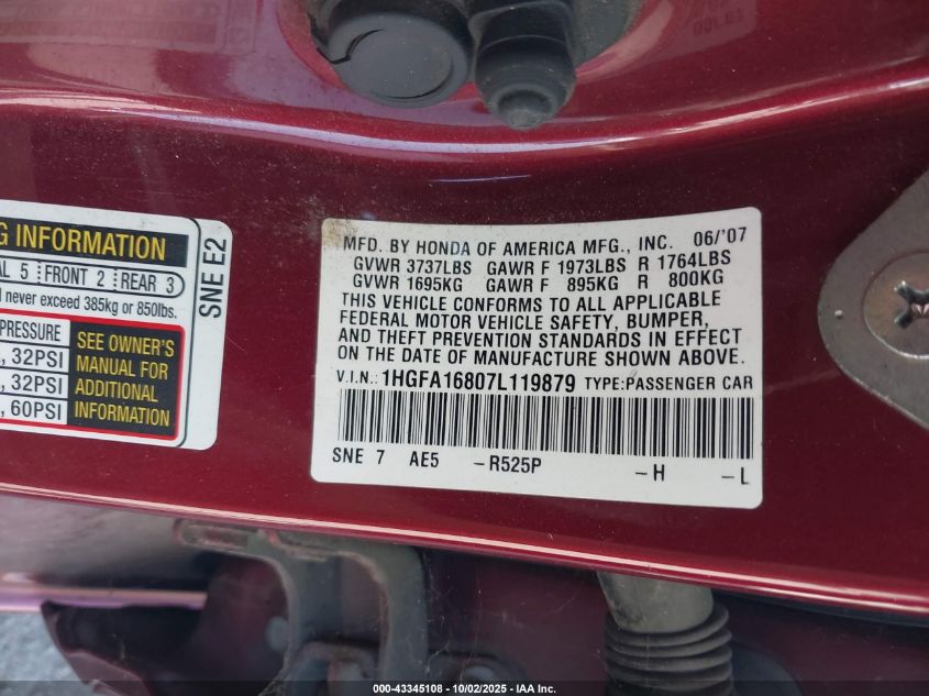 2007 Honda Civic Ex VIN: 1HGFA16807L119879 Lot: 43345108