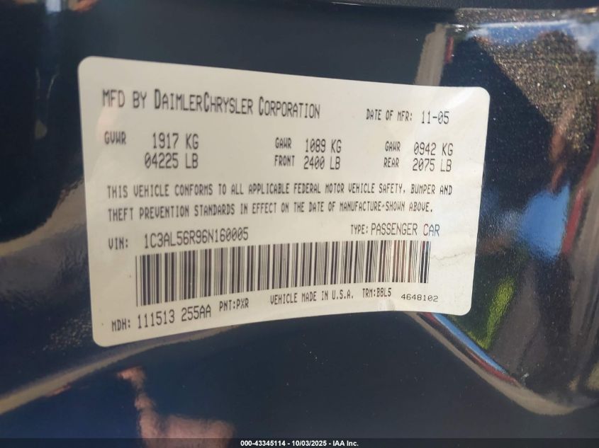 2006 Chrysler Sebring Touring VIN: 1C3AL56R76N119307 Lot: 43345114