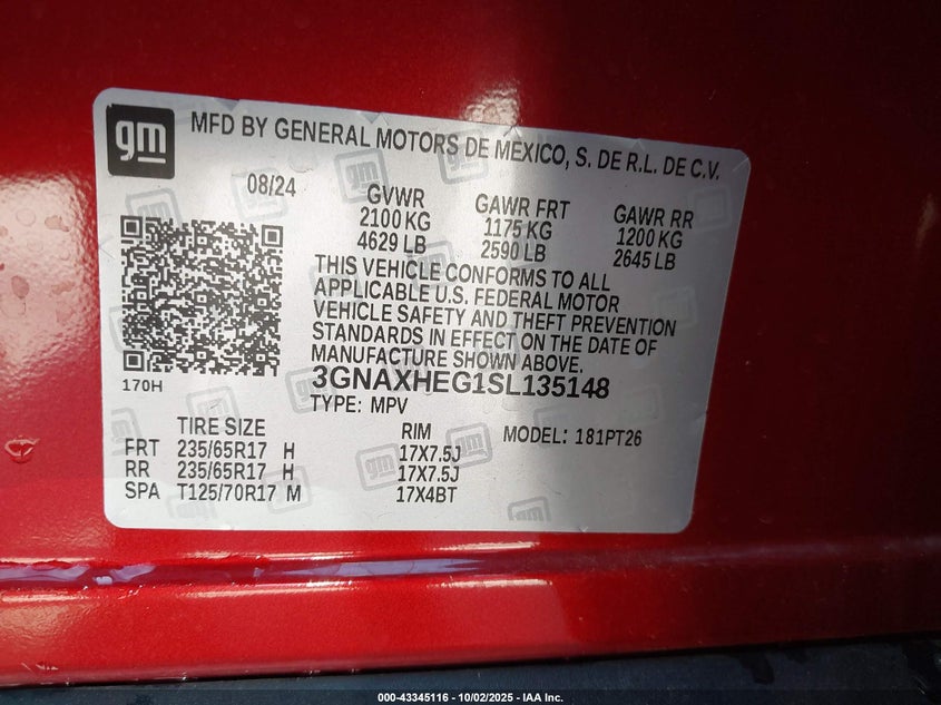 2025 Chevrolet Equinox Fwd Lt VIN: 3GNAXHEG1SL135148 Lot: 43345116