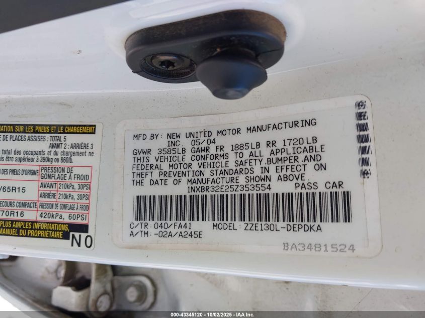 2005 Toyota Corolla Ce VIN: 1NXBR32E25Z353554 Lot: 43345120