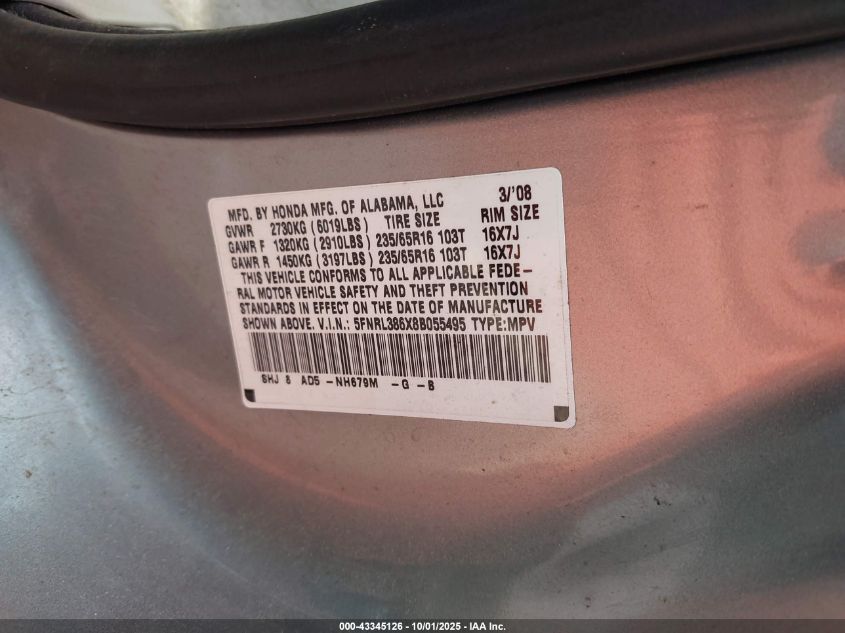 2008 Honda Odyssey Ex-L VIN: 5FNRL386X8B055495 Lot: 43345126