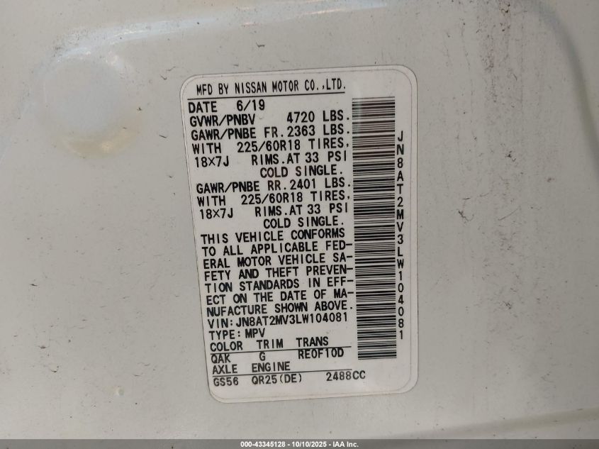 2020 Nissan Rogue Sv Intelligent Awd VIN: JN8AT2MV3LW104081 Lot: 43345128