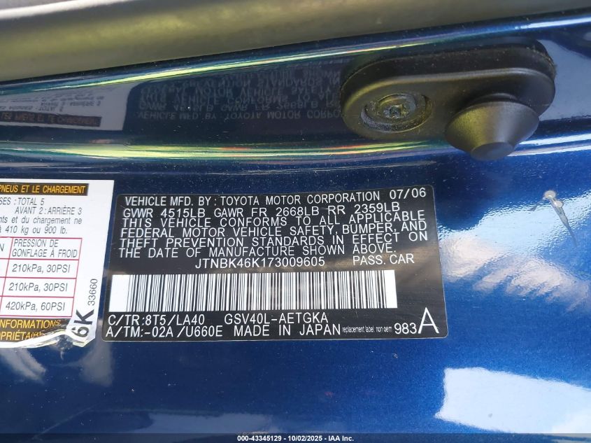 2007 Toyota Camry Xle V6 VIN: JTNBK46K173009605 Lot: 43345129