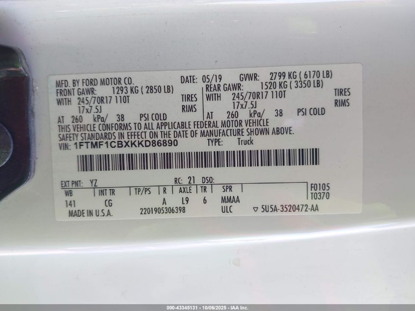 2019 Ford F-150 Xl VIN: 1FTMF1CBXKKD86890 Lot: 43345131