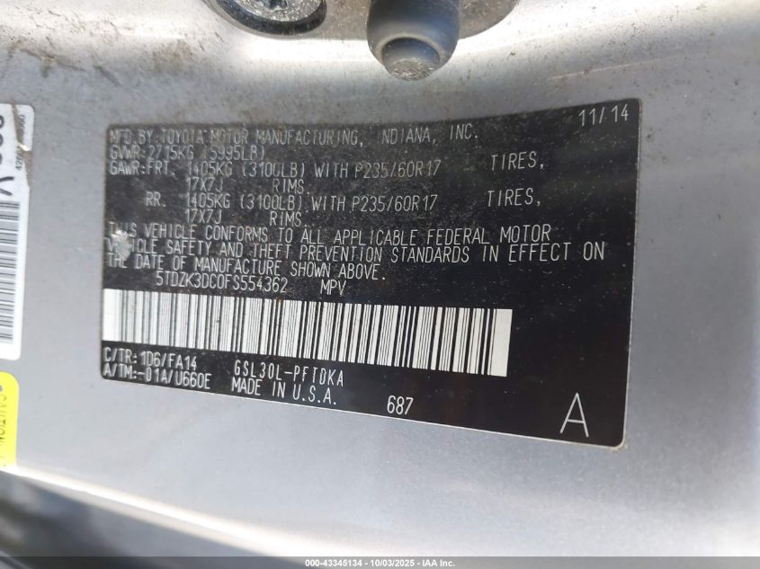 2015 Toyota Sienna L 7 Passenger VIN: 5TDZK3DC0FS554362 Lot: 43345134