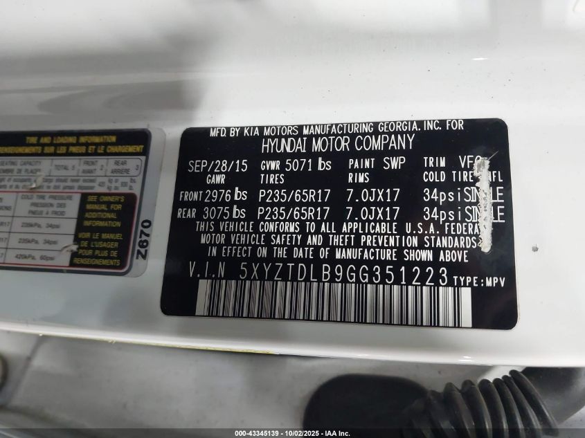 2016 Hyundai Santa Fe Sport 2.4L VIN: 5XYZTDLB9GG351223 Lot: 43345139