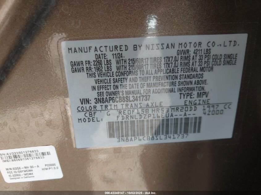 2025 Nissan Kicks Sv Intelligent Awd VIN: 3N8AP6CB8SL341737 Lot: 43345147