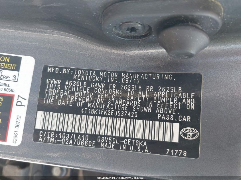 2014 Toyota Camry Xle V6 VIN: 4T1BK1FK2EU537420 Lot: 43345149