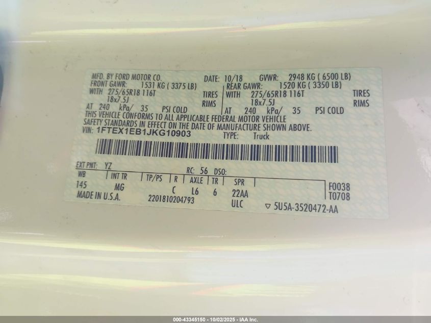 2018 Ford F-150 Xlt VIN: 1FTEX1EB1JKG10903 Lot: 43345150