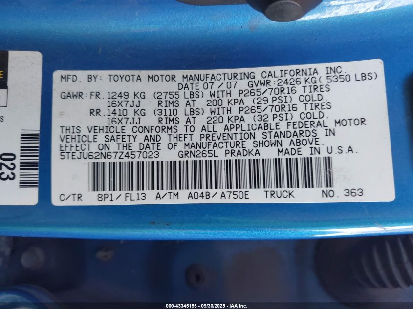 2007 Toyota Tacoma Prerunner V6 VIN: 5TEJU62N67Z457023 Lot: 43345155