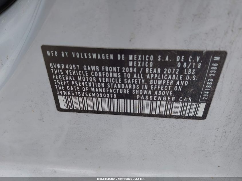 2019 Volkswagen Jetta 1.4T S VIN: 3VWN57BU8KM090379 Lot: 43345165