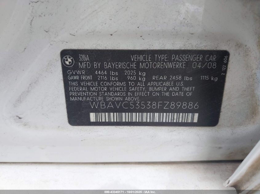 2008 BMW 328I VIN: WBAVC53538FZ89886 Lot: 43345171