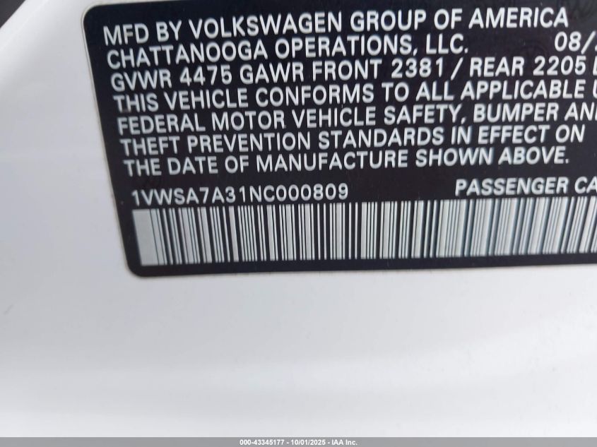 2022 Volkswagen Passat 2.0T Se VIN: 1VWSA7A31NC000809 Lot: 43345177
