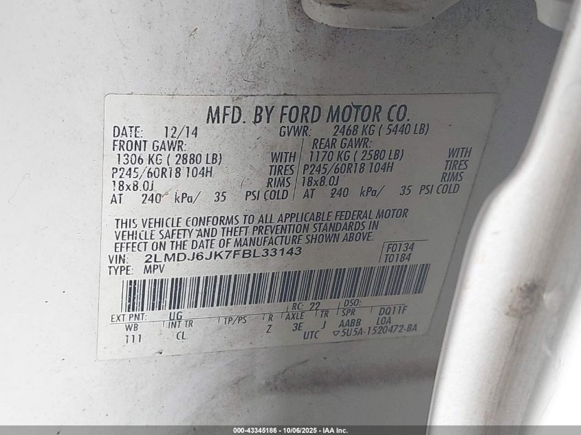 2015 Lincoln Mkx VIN: 2LMDJ6JK7FBL33143 Lot: 43345186