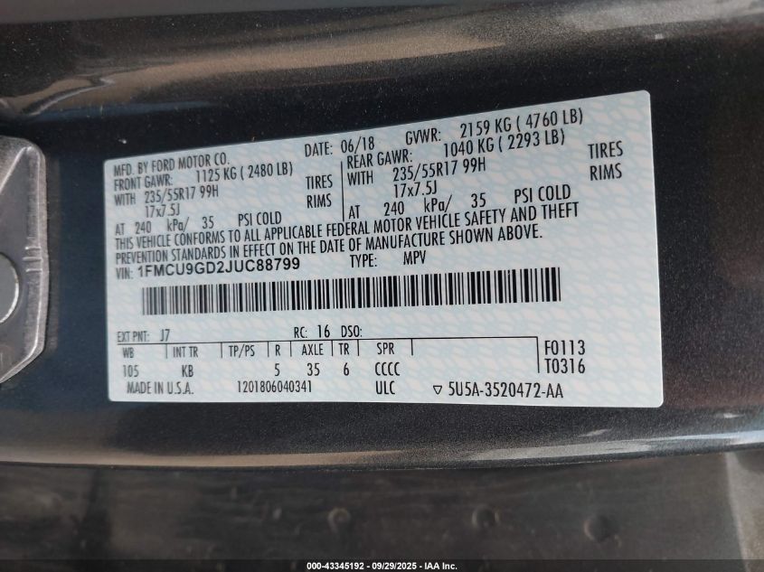 2018 Ford Escape Se VIN: 1FMCU9GD2JUC88799 Lot: 43345192