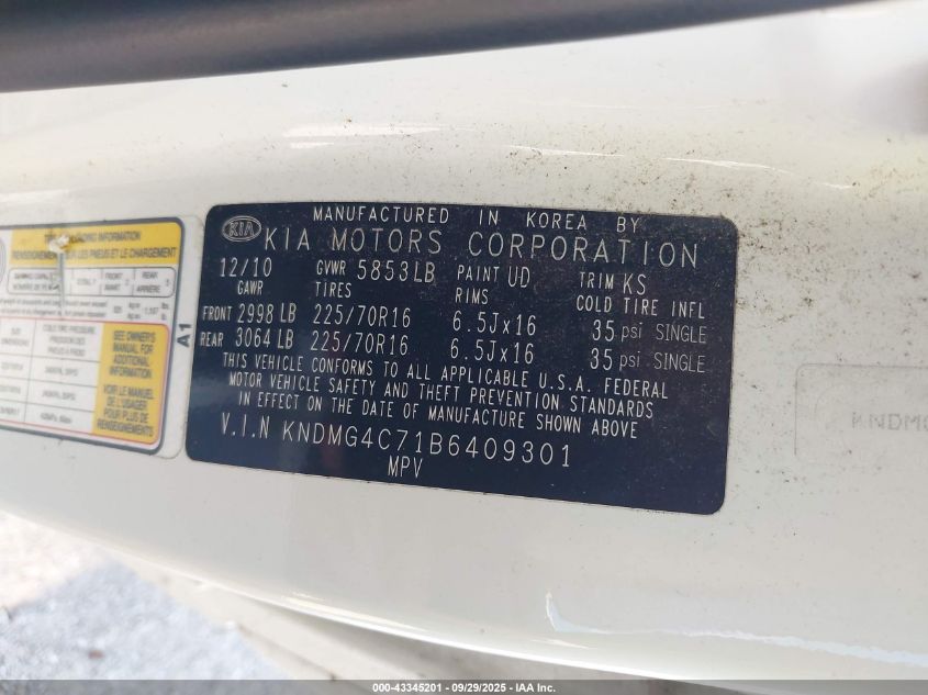 2011 Kia Sedona Lx VIN: KNDMG4C71B6409301 Lot: 43345201