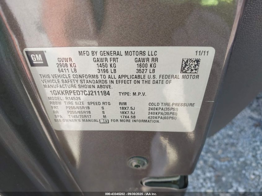 2012 GMC Acadia Sle VIN: 1GKKRPED7CJ211184 Lot: 43345202