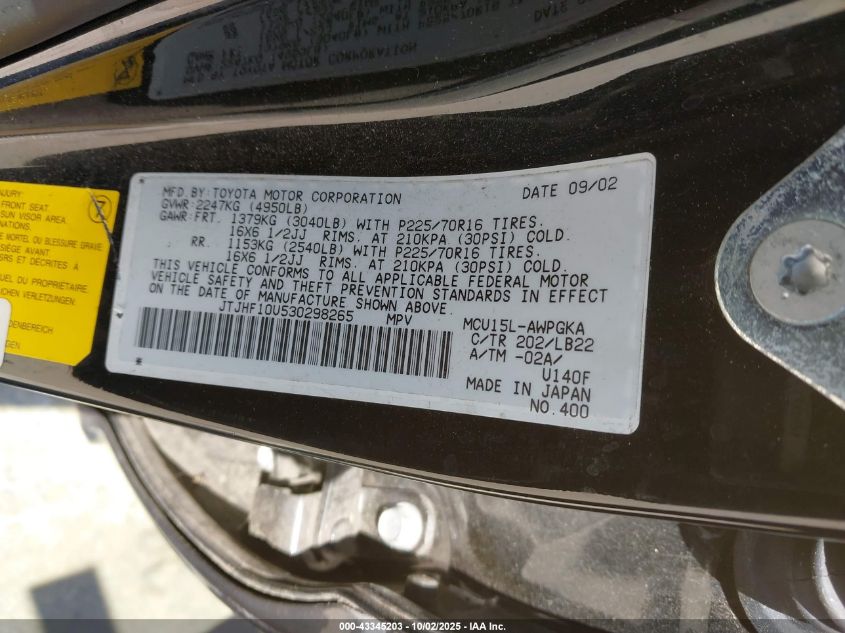 2003 Lexus Rx 300 Base (A4) VIN: JTJHF10U530298265 Lot: 43345203