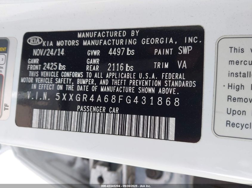 2015 Kia Optima Sxl Turbo VIN: 5XXGR4A68FG431868 Lot: 43345204