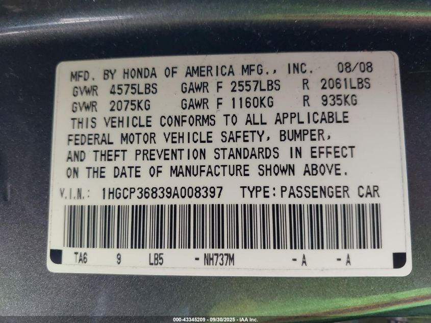 2009 Honda Accord 3.5 Ex-L VIN: 1HGCP36839A008397 Lot: 43345209