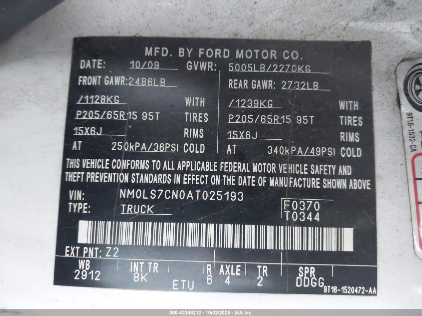 2010 Ford Transit Connect Xl VIN: NM0LS7CN0AT025193 Lot: 43345212