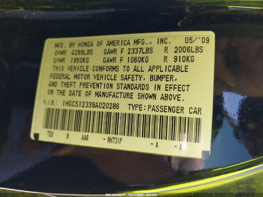2009 Honda Accord 2.4 Lx-S VIN: 1HGCS12339A020286 Lot: 43345213