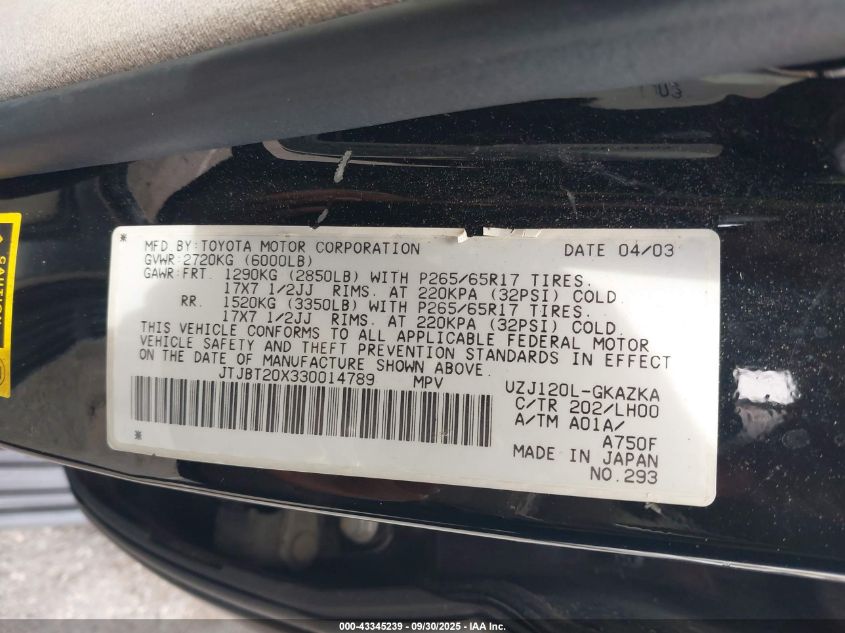 2003 Lexus Gx 470 VIN: JTJBT20X330014789 Lot: 43345239