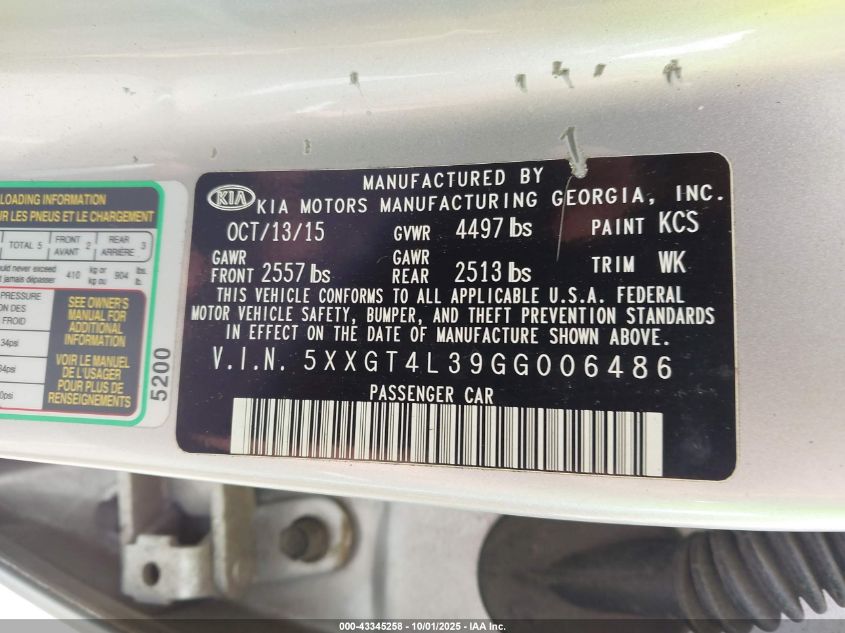 2016 Kia Optima Lx VIN: 5XXGT4L39GG006486 Lot: 43345258