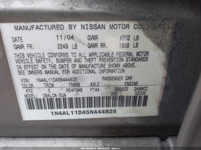 2005 Nissan Altima 2.5 S VIN: 1N4AL11D45N444825 Lot: 43345275