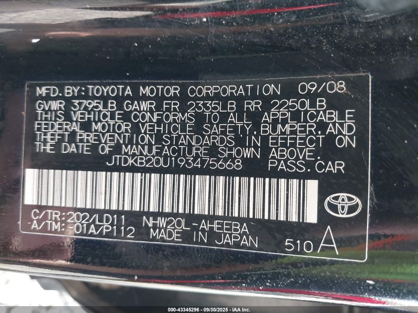 2009 Toyota Prius VIN: JTDKB20U193475668 Lot: 43345296
