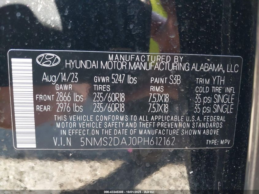 2023 Hyundai Santa Fe Sel VIN: 5NMS2DAJ0PH612162 Lot: 43345308