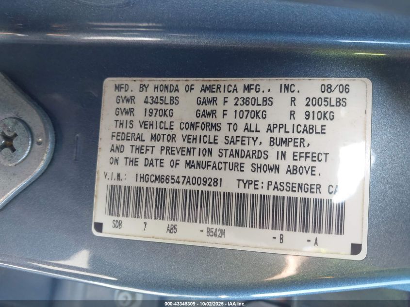 2007 Honda Accord 3.0 Ex VIN: 1HGCM66547A009281 Lot: 43345309