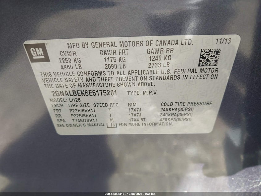 2014 CHEVROLET EQUINOX 1LT 2GNALBEK6E6175201