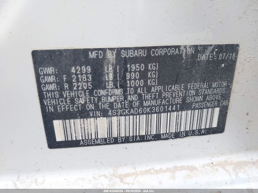 2019 Subaru Impreza 2.0I Premium VIN: 4S3GKAD60K3601441 Lot: 43345324