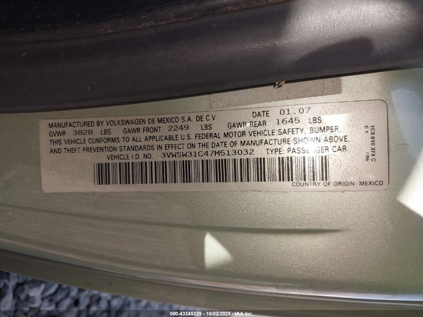 2007 Volkswagen New Beetle 2.5 VIN: 3VWSW31C47M513032 Lot: 43345329