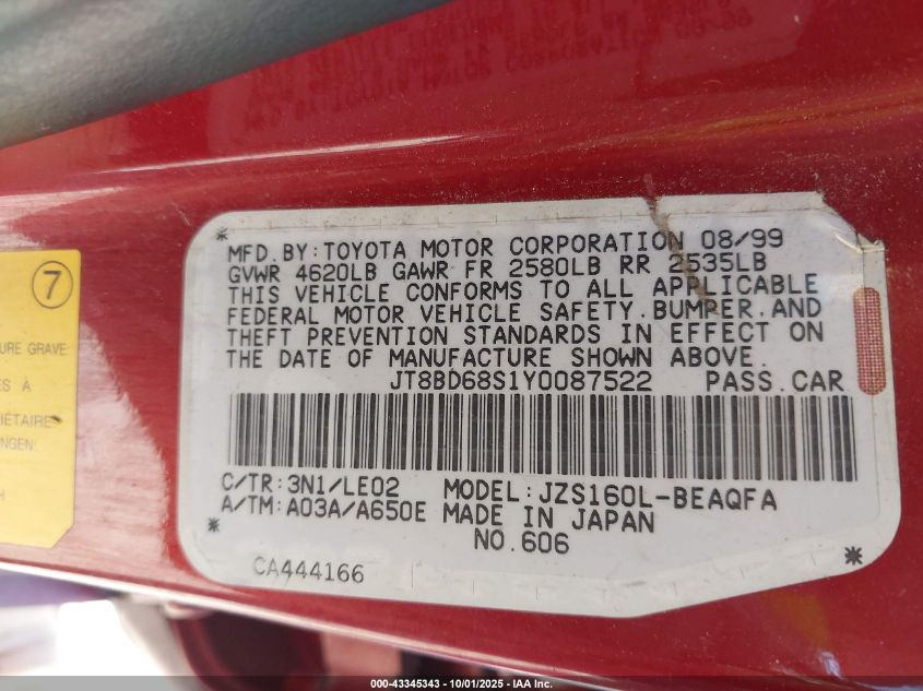 2000 Lexus Gs 300 VIN: JT8BD68S1Y0087522 Lot: 43345343