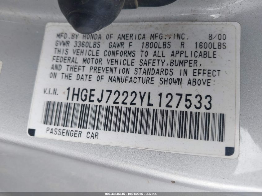 2000 Honda Civic Hx VIN: 1HGEJ7222YL127533 Lot: 43345345